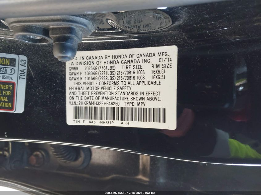 2014 Honda Cr-V Lx VIN: 2HKRM4H32EH646250 Lot: 43974558