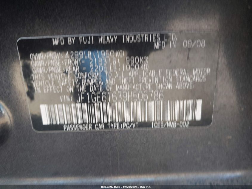 2009 Subaru Impreza 2.5I VIN: JF1GE61639H506786 Lot: 43974560
