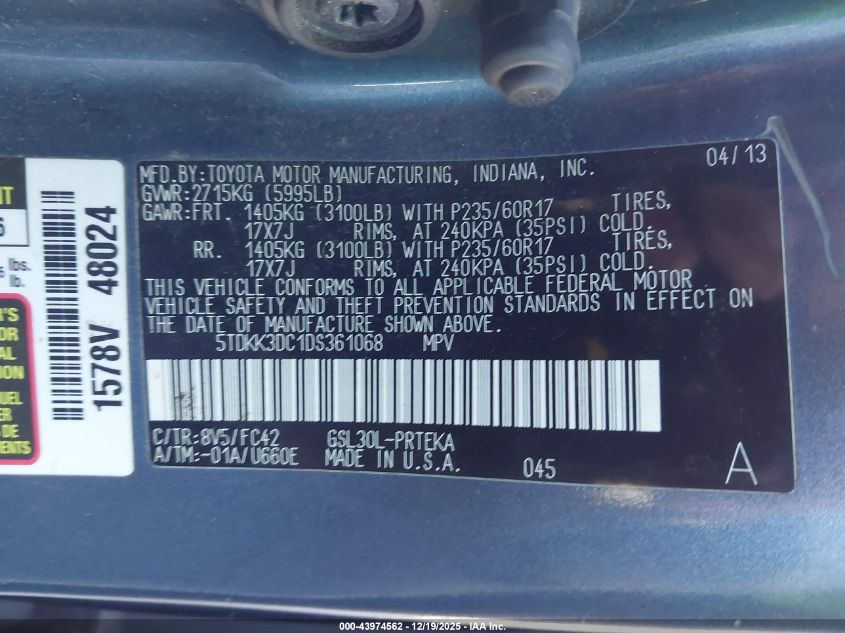 2013 Toyota Sienna Le V6 8 Passenger VIN: 5TDKK3DC1DS361068 Lot: 43974562