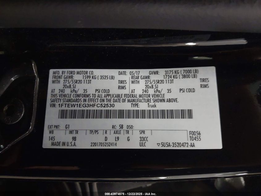 2017 Ford F-150 Platinum VIN: 1FTEW1EG3HFC52530 Lot: 43974575