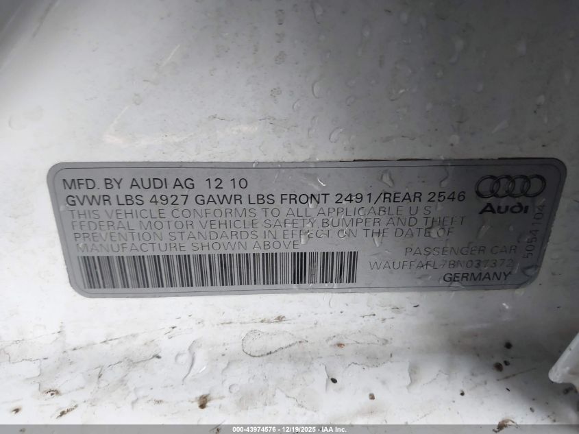 2011 Audi A4 2.0T Premium VIN: WAUFFAFL7BN037372 Lot: 43974576