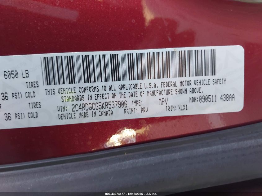 2019 Dodge Grand Caravan Sxt VIN: 2C4RDGCG5KR537906 Lot: 43974577