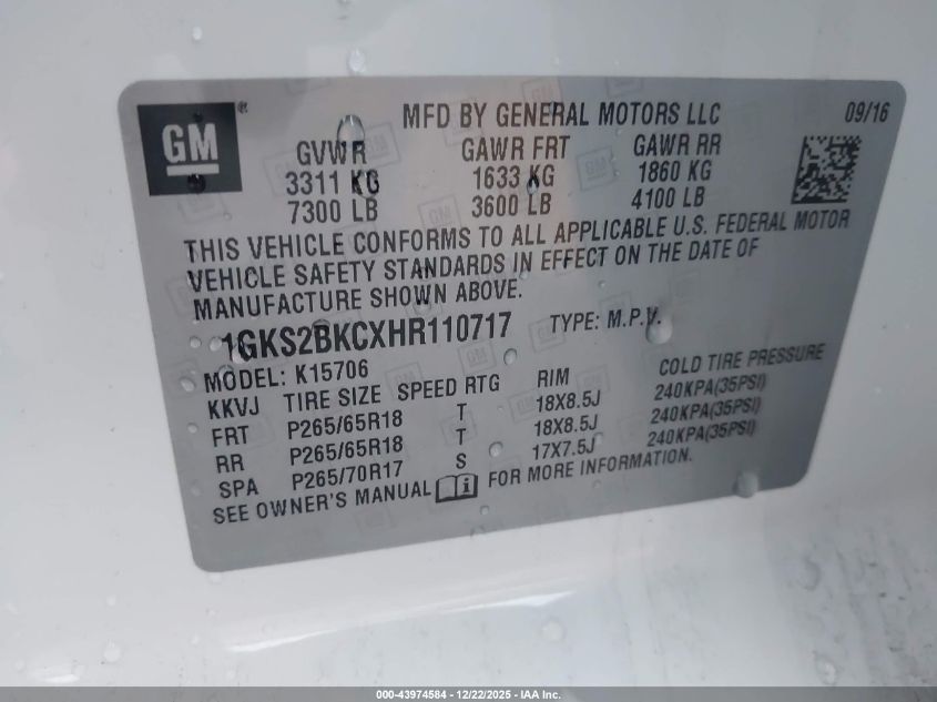 2017 GMC Yukon Slt VIN: 1GKS2BKCXHR110717 Lot: 43974584