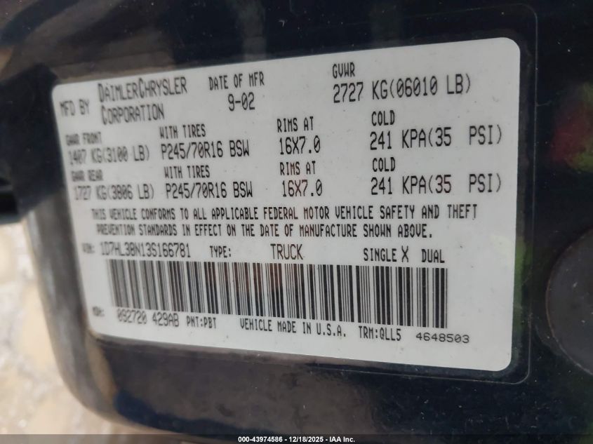 2003 Dodge Dakota Sport/Sxt VIN: 1D7HL38N13S166781 Lot: 43974586