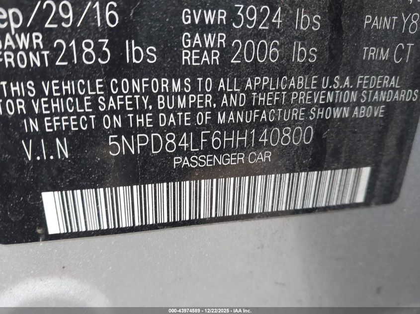 2017 Hyundai Elantra Value Edition VIN: 5NPD84LF6HH140800 Lot: 43974589