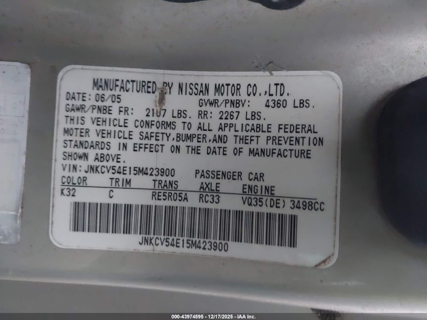 2005 Infiniti G35 VIN: JNKCV54E15M423900 Lot: 43974595