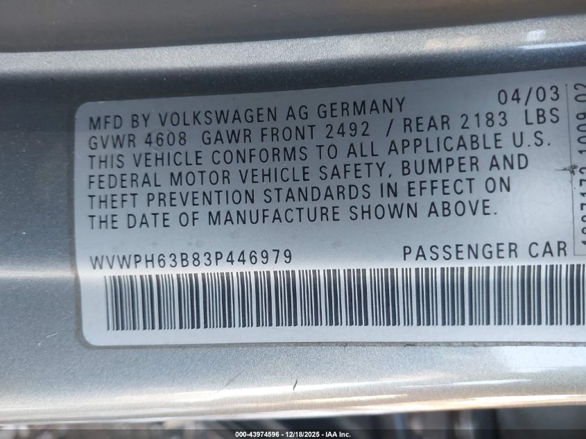 2003 Volkswagen Passat Gls V6 VIN: WVWPH63B83P446979 Lot: 43974596