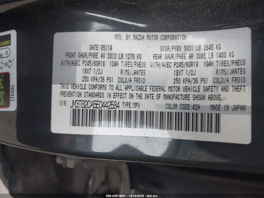 2014 Mazda Cx-9 Touring VIN: JM3TB2CA5E0442584 Lot: 43974597