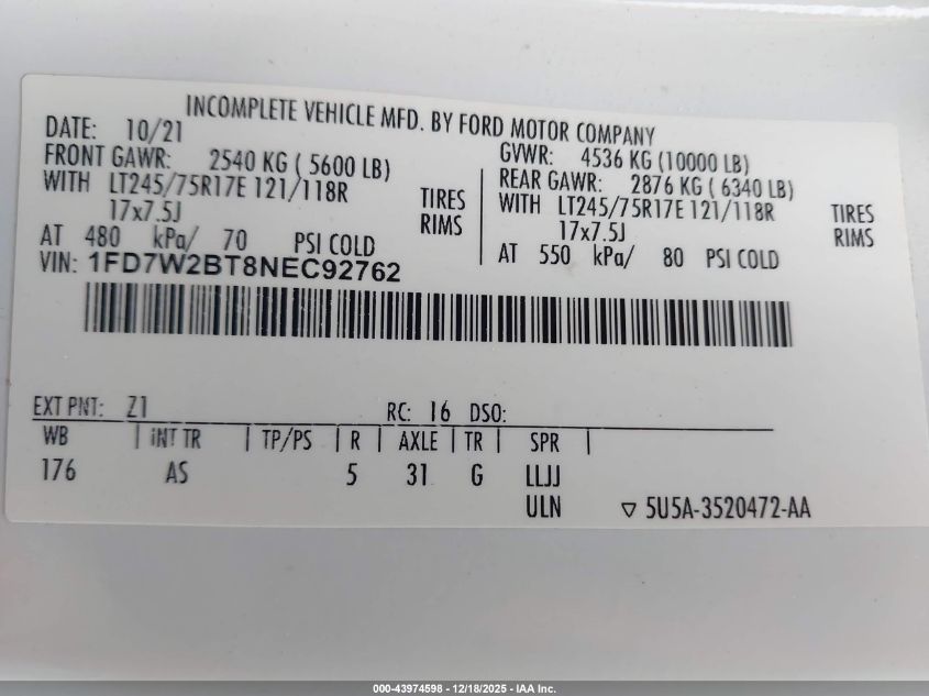 2022 Ford F-250 Xl VIN: 1FD7W2BT8NEC92762 Lot: 43974598