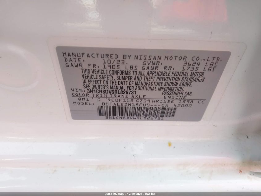 2024 Nissan Versa 1.6 S VIN: 3N1CN8DV6RL826731 Lot: 43974600