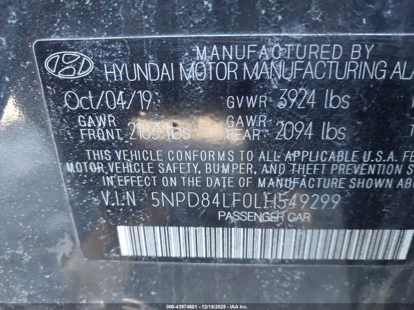 2020 Hyundai Elantra Sel VIN: 5NPD84LF0LH549299 Lot: 43974601