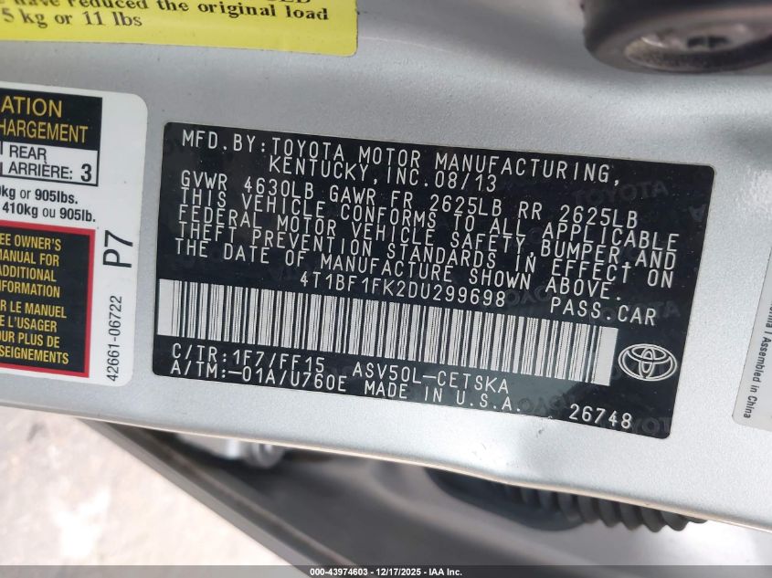 2013 Toyota Camry Se VIN: 4T1BF1FK2DU299698 Lot: 43974603