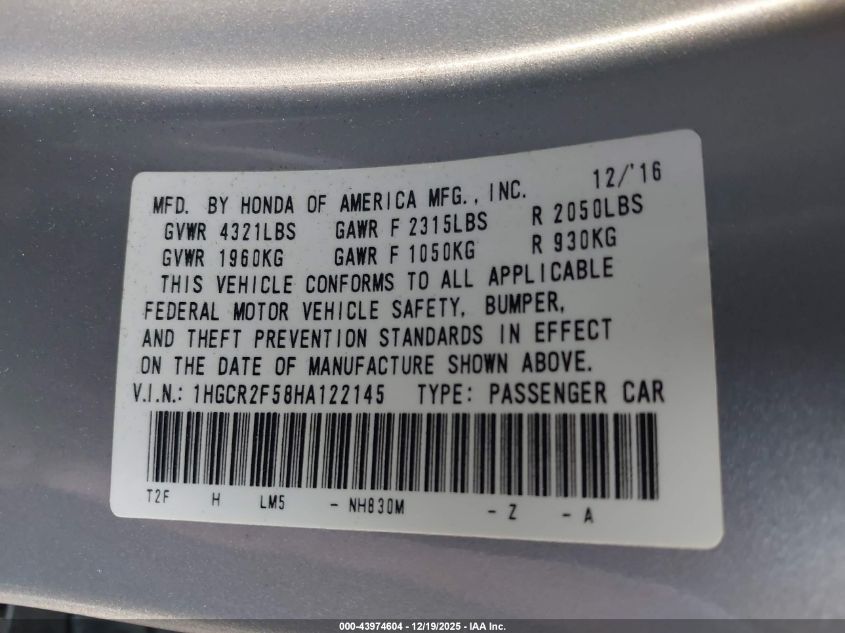 2017 Honda Accord Sport VIN: 1HGCR2F58HA122145 Lot: 43974604