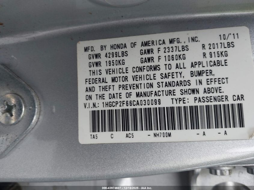 2012 Honda Accord 2.4 Se VIN: 1HGCP2F66CA030099 Lot: 43974607