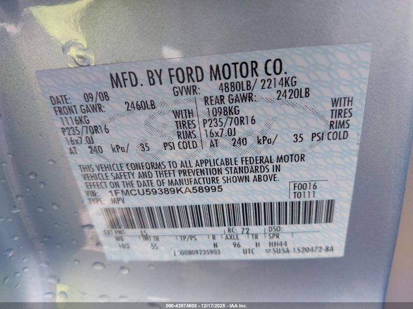 2009 Ford Escape Hybrid Limited VIN: 1FMCU59389KA58995 Lot: 43974608