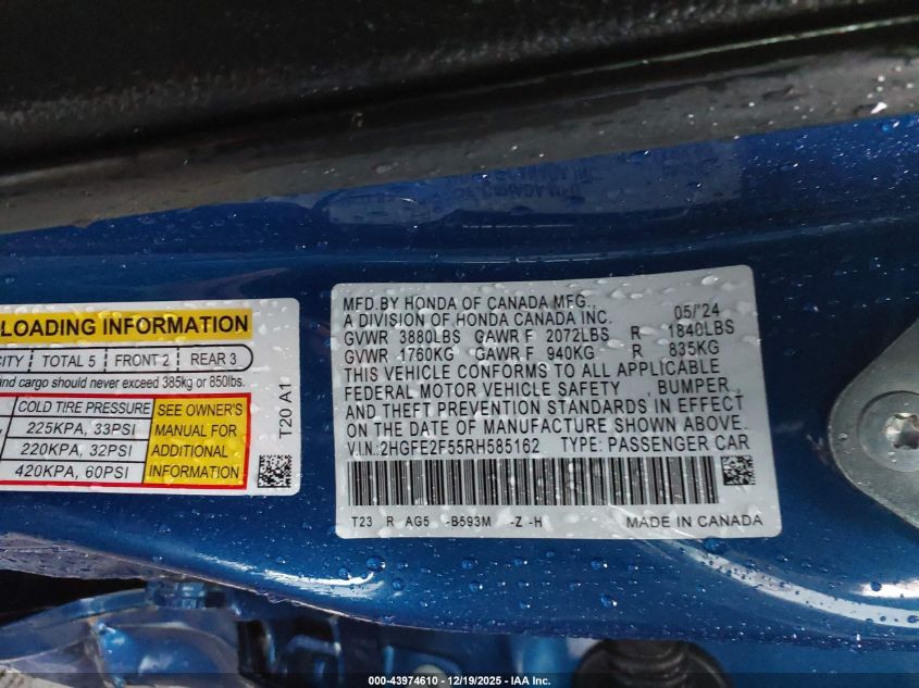 2024 Honda Civic Sport VIN: 2HGFE2F55RH585162 Lot: 43974610