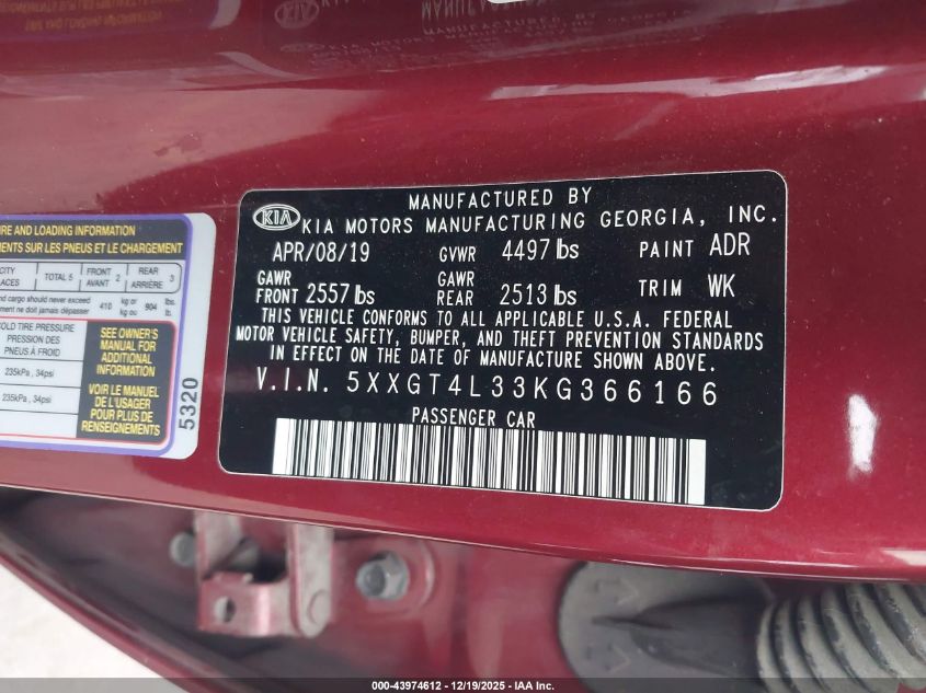 2019 Kia Optima S VIN: 5XXGT4L33KG366166 Lot: 43974612