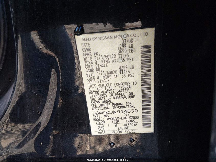 2008 Infiniti Qx56 VIN: 5N3AA08C18N914050 Lot: 43974615