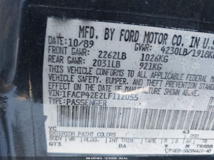 1990 Ford Mustang Gt/Cobra Gt VIN: 1FACP42E2LF112055 Lot: 43974618