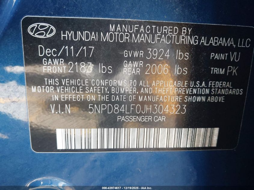 2018 Hyundai Elantra Sel VIN: 5NPD84LF0JH304323 Lot: 43974617