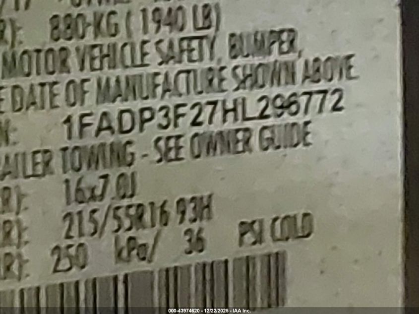 2017 Ford Focus Se VIN: 1FADP3F27HL296772 Lot: 43974620