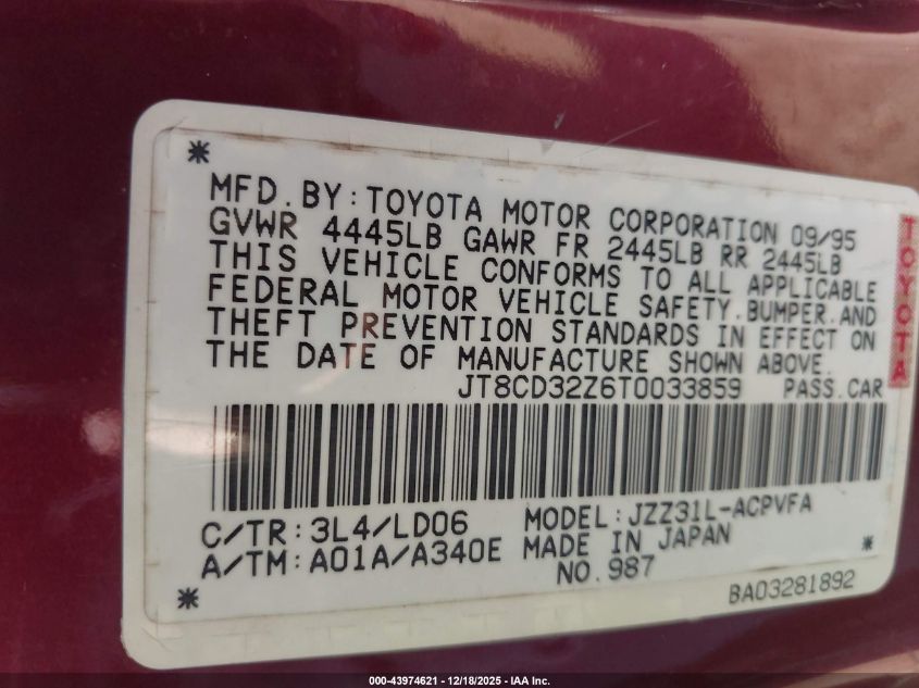 1996 Lexus Sc 300 VIN: JT8CD32Z6T0033859 Lot: 43974621