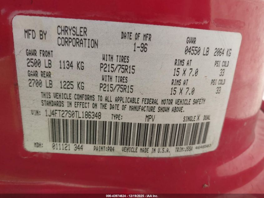 1996 Jeep Cherokee Se VIN: 1J4FT27S0TL186348 Lot: 43974624