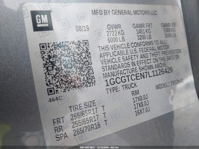 2020 Chevrolet Colorado 4Wd Short Box Lt VIN: 1GCGTCEN7L1126429 Lot: 43974627