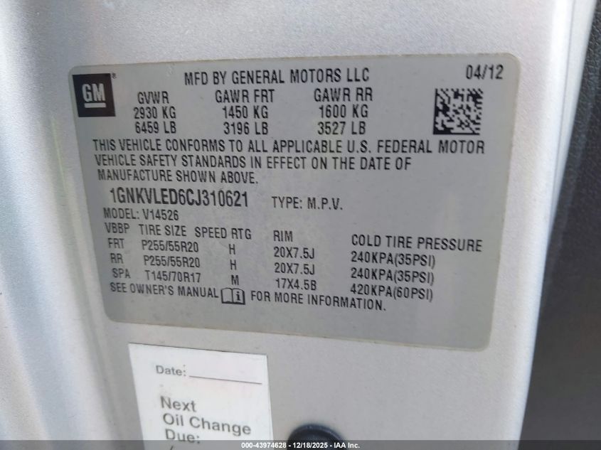 2012 Chevrolet Traverse Ltz VIN: 1GNKVLED6CJ310621 Lot: 43974628