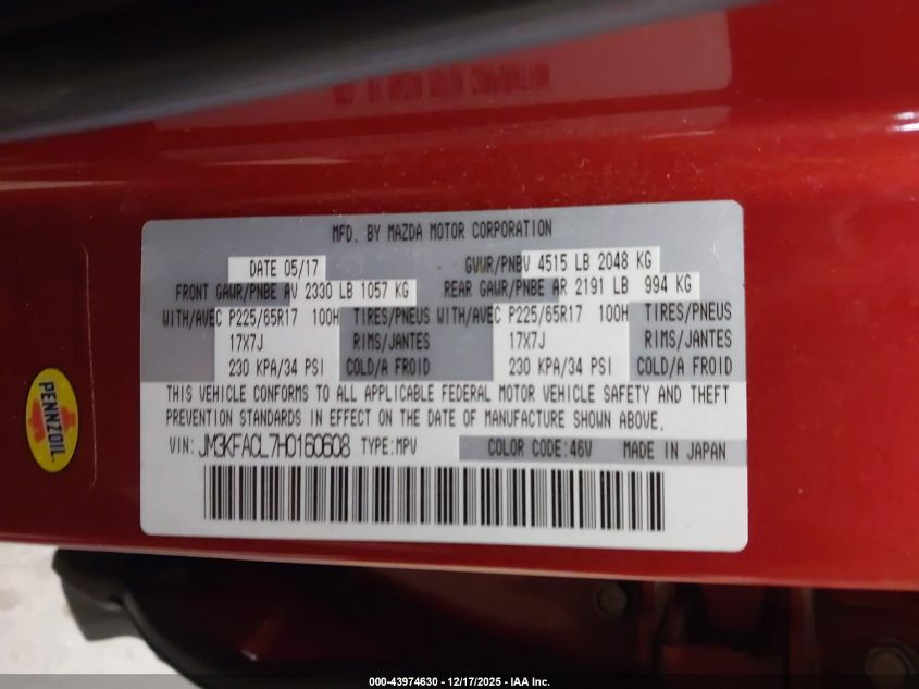 2017 Mazda Cx-5 Touring VIN: JM3KFACL7H0160608 Lot: 43974630