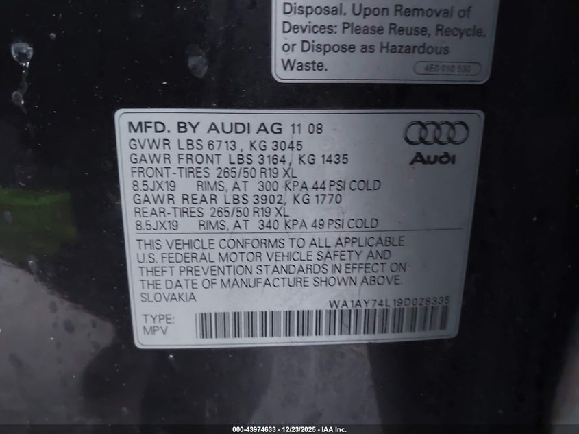 2009 Audi Q7 3.6 Premium VIN: WA1AY74L19D028335 Lot: 43974633