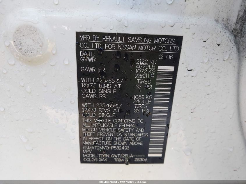 2017 Nissan Rogue Sv VIN: KNMAT2MV0HP532493 Lot: 43974634