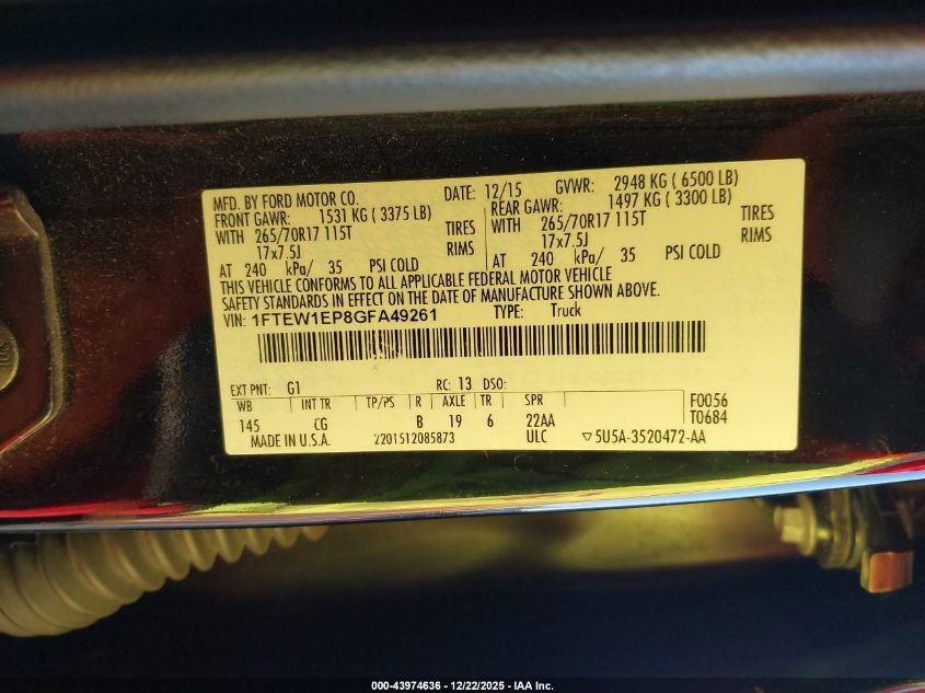 2016 Ford F-150 Xl VIN: 1FTEW1EP8GFA49261 Lot: 43974636