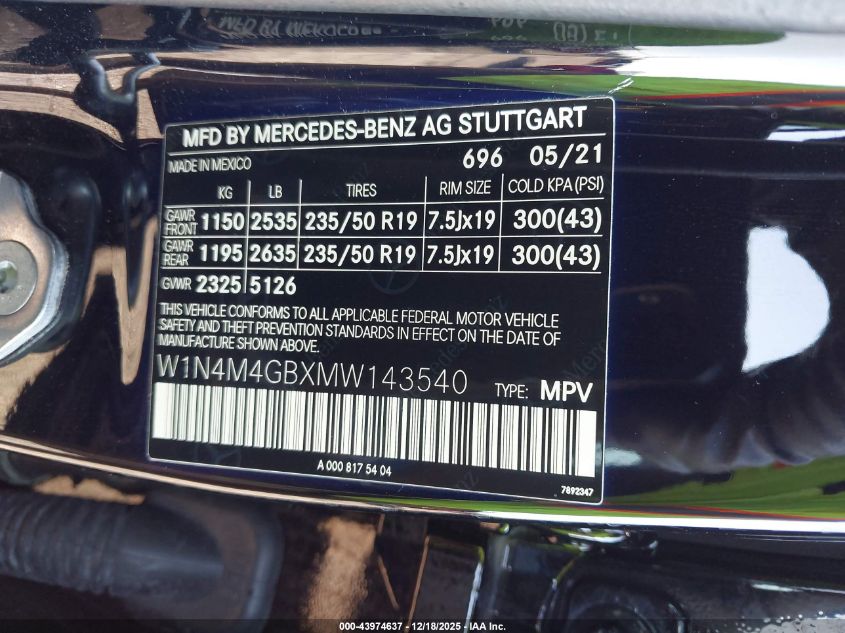 2021 Mercedes-Benz Glb 250 VIN: W1N4M4GBXMW143540 Lot: 43974637