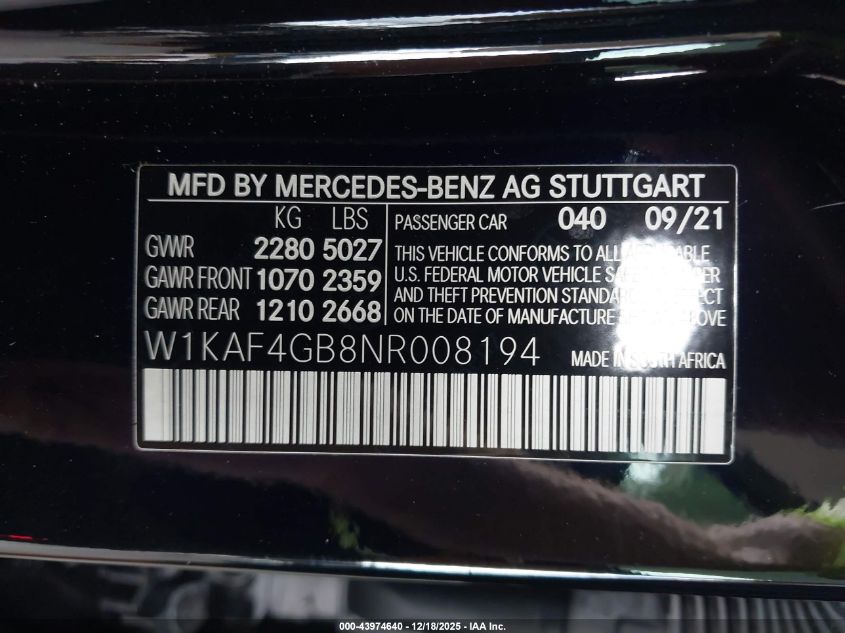 2022 Mercedes-Benz C 300 Sedan VIN: W1KAF4GB8NR008194 Lot: 43974640