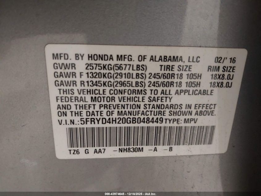 2016 Acura Mdx Acurawatch Plus Package VIN: 5FRYD4H20GB048449 Lot: 43974645