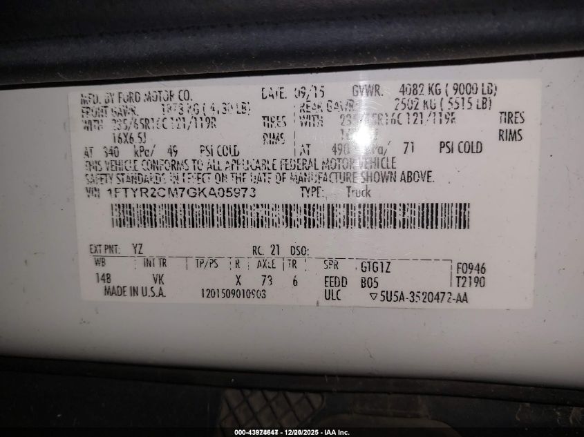 2016 Ford Transit-250 VIN: 1FTYR2CM7GKA05973 Lot: 43974647