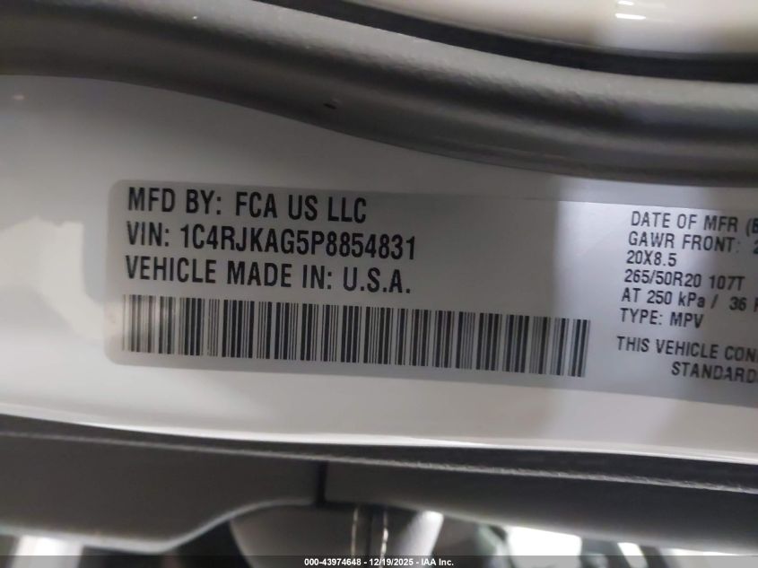 2023 Jeep Grand Cherokee L Altitude X 4X4 VIN: 1C4RJKAG5P8854831 Lot: 43974648