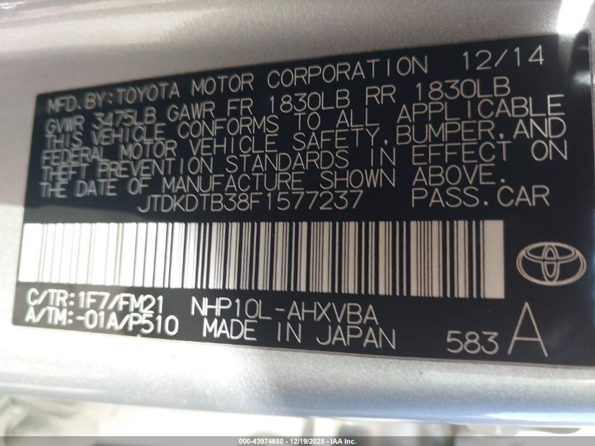 2015 Toyota Prius C Two VIN: JTDKDTB38F1577237 Lot: 43974650