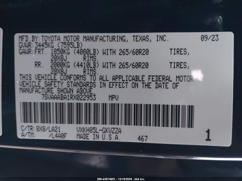 2024 Toyota Sequoia Platinum VIN: 7SVAAABA1RX022953 Lot: 43974651