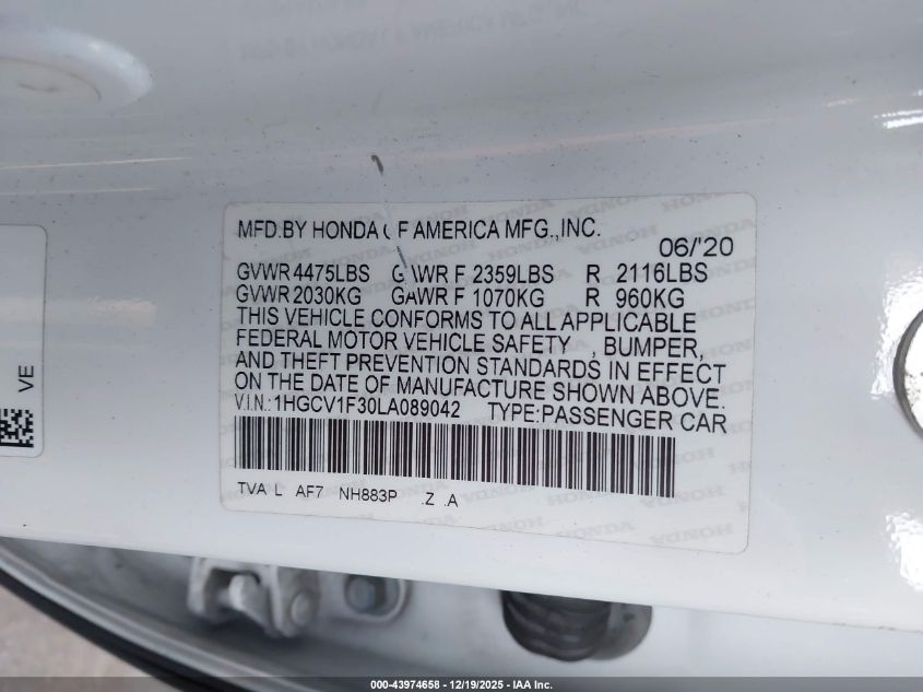 2020 Honda Accord Sport VIN: 1HGCV1F30LA089042 Lot: 43974658