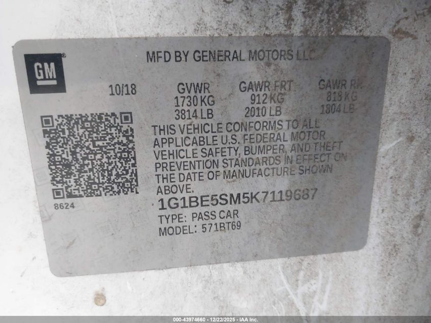 2019 Chevrolet Cruze Lt VIN: 1G1BE5SM5K7119687 Lot: 43974660