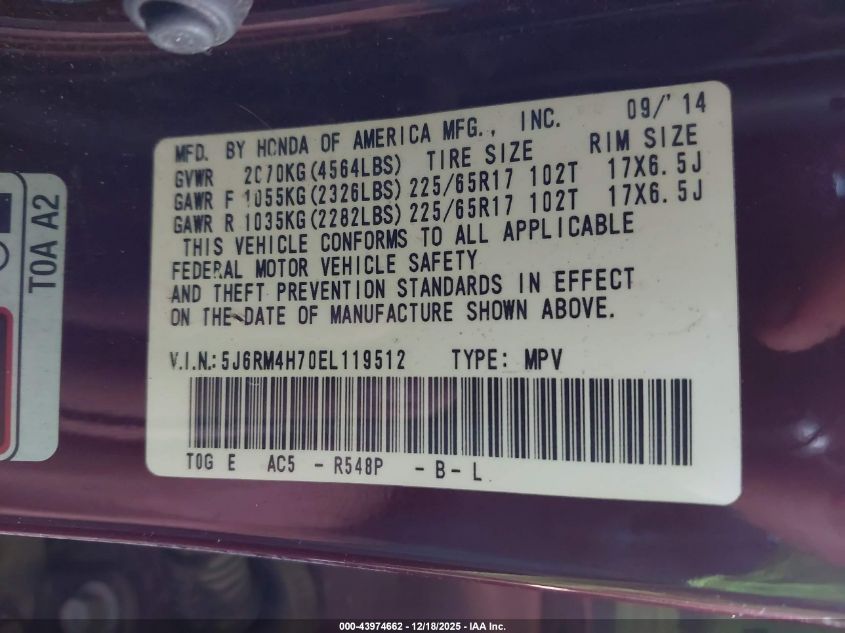 2014 Honda Cr-V Ex-L VIN: 5J6RM4H70EL119512 Lot: 43974662