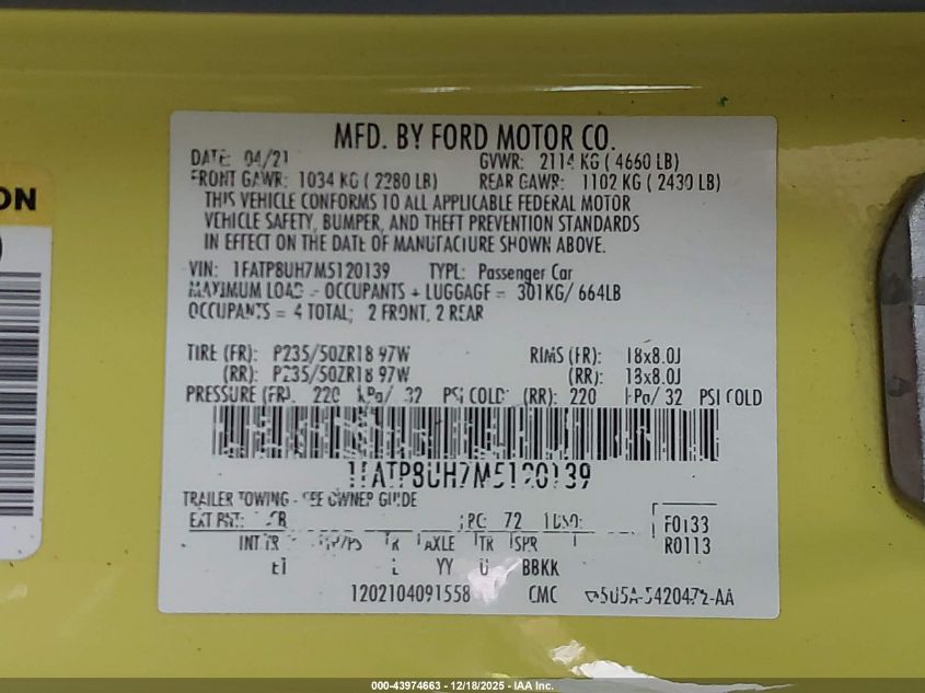 2021 Ford Mustang Ecoboost Premium VIN: 1FATP8UH7M5120139 Lot: 43974663