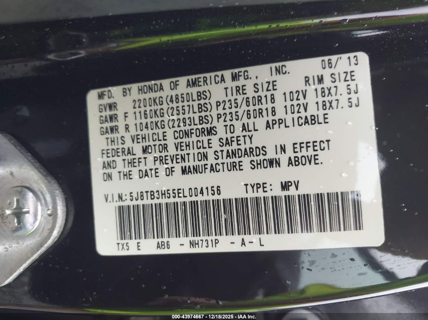 2014 Acura Rdx VIN: 5J8TB3H55EL004156 Lot: 43974667