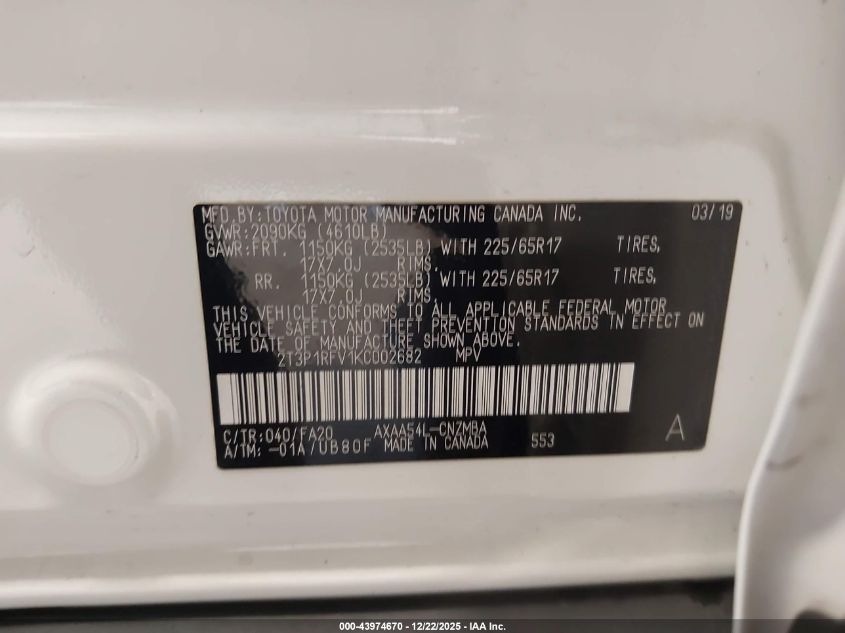 2019 Toyota Rav4 Xle VIN: 2T3P1RFV1KC002682 Lot: 43974670