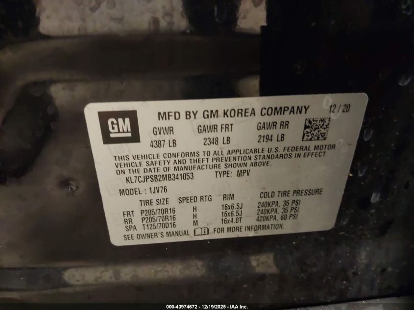 2021 Chevrolet Trax Awd Lt VIN: KL7CJPSB2MB341053 Lot: 43974672