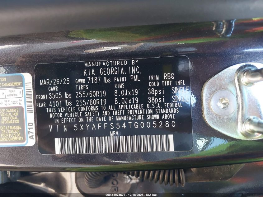 2026 Kia Ev9 Wind VIN: 5XYAFFS54TG005280 Lot: 43974673