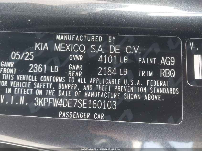 2025 Kia K4 Gt-Line VIN: 3KPFW4DE7SE160103 Lot: 43974678