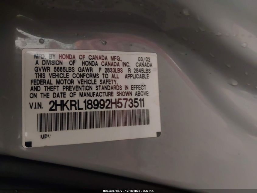 2002 Honda Odyssey Ex-L VIN: 2HKRL18992H573511 Lot: 43974677